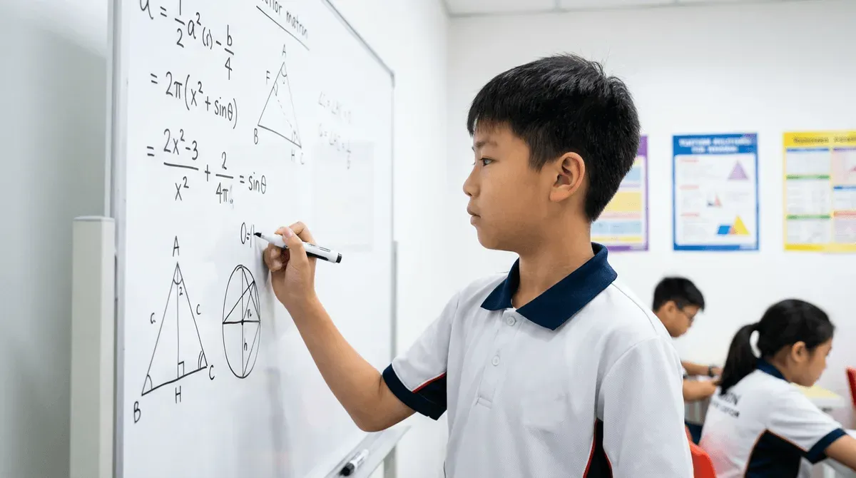 A pupil working through a PSLE mathematics problem sum