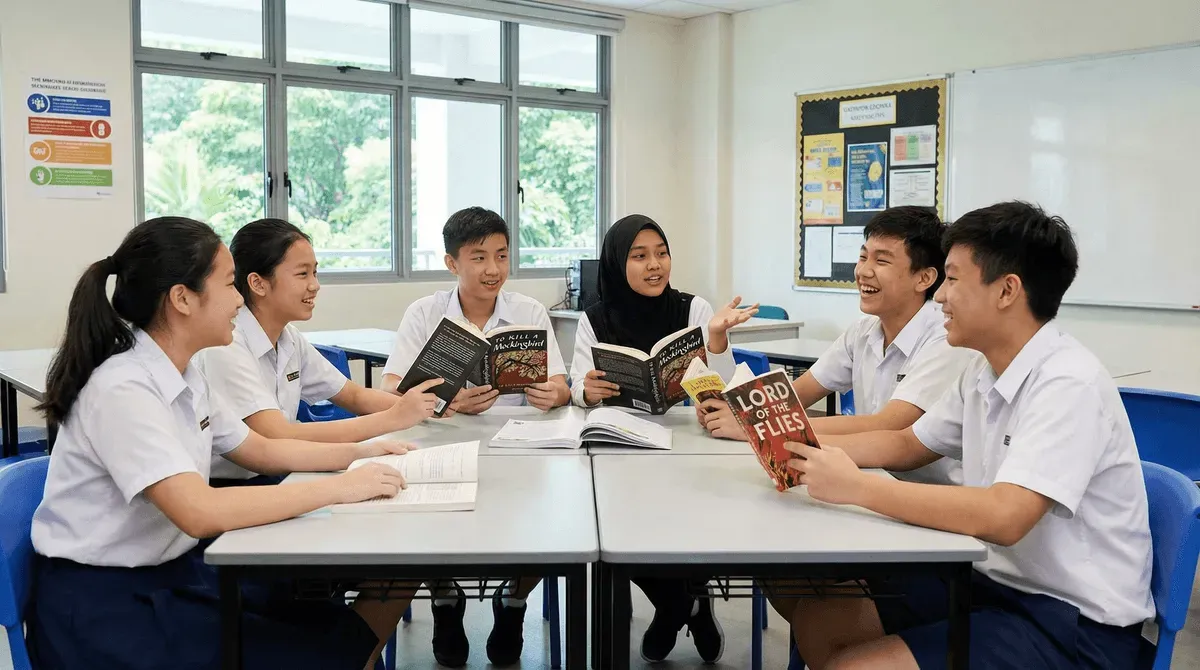 A secondary student annotating an English comprehension passage